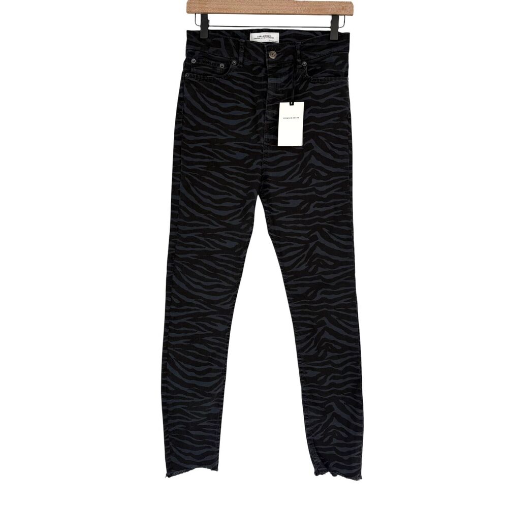 Zara Zebra Print Skinny Jeans 6 High Rise Raw Hem Blue Black Stretch Dark Wash - Picture 2 of 11